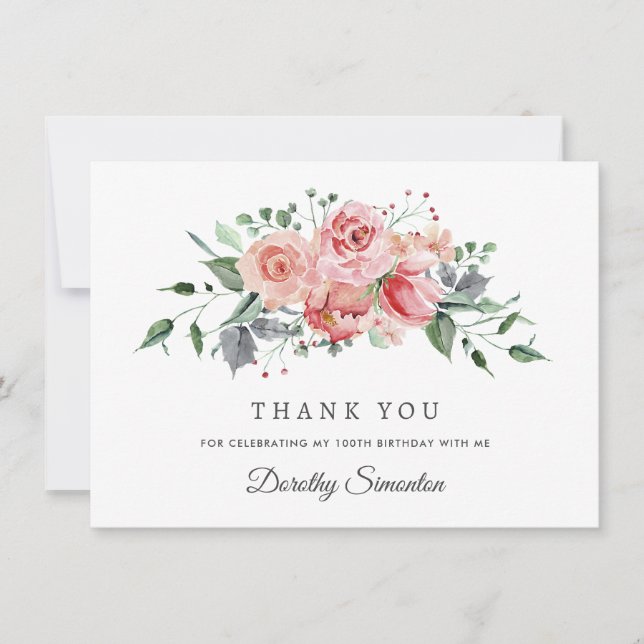 Elegant Rosa Rose Floral 100th Birthday Flat Dankeskarte (Vorderseite)
