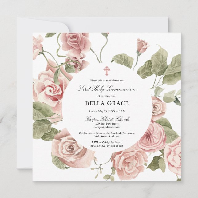 Elegant Rosa Rose Floral Erste Heilige Kommune Einladung (Vorderseite)