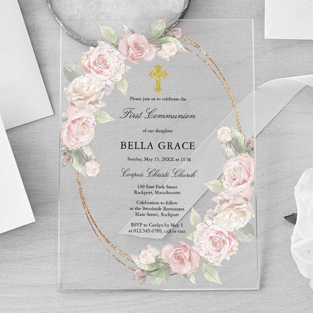 Elegant Rosa Rose Floral Erste Kommune Acryleinladungen (Von Creator hochgeladen)