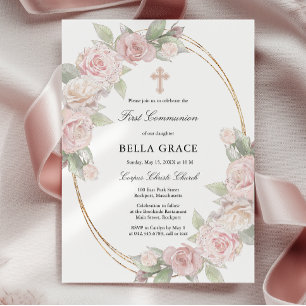 Elegant Rosa Rose Floral Erste Kommune Einladung