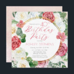 Elegant Rosa Rose | Gold Frame 40. Geburtstag Part Einladung<br><div class="desc">Elegante und klassische Rosa und Weiß Rosa Blüte mit schlängelgrüner Eukalyptusgrün "Birthday Party" Drehbuchentwurf mit geometrischem goldfarbenem Linienrahmen.</div>