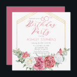 Elegant Rosa Rose | Gold Frame 60. Geburtstagspart Einladung<br><div class="desc">Elegante und klassische rosa und weiße Rosenblüte mit schlauem Grün "Birthday Party" Drehtext-Design mit geometrischem goldfarbenem Rahmen.</div>