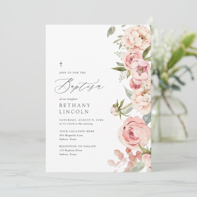 Elegant Rosa Rose Peony Floral Girl Taufen Einladung (Stehend Vorderseite)