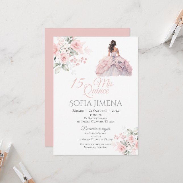Elegant Rosa Rose Quinceanera Einladung (Vorderseite/Rückseite Beispiel)