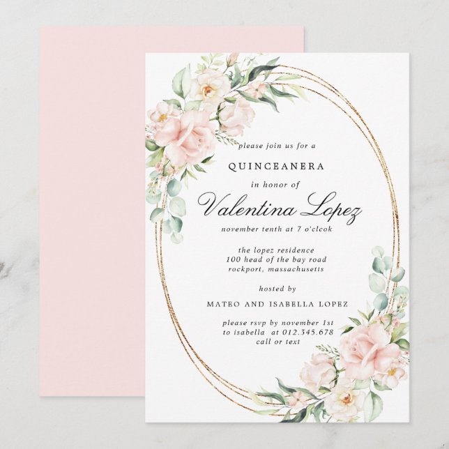 Elegant Rosa Rose Rose Quinceanera Einladung (Vorne/Hinten)