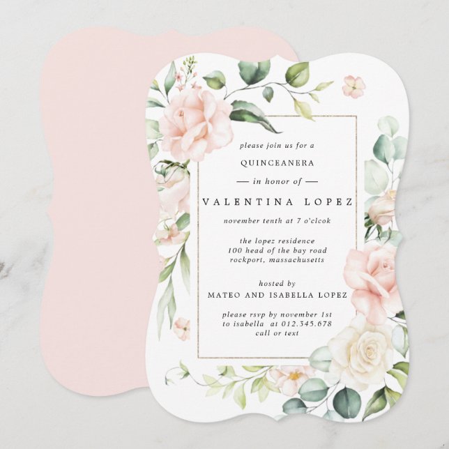 Elegant Rosa Rose Rose Quinceanera Einladung (Vorne/Hinten)