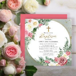Elegant Rosa Rose |Taufe für goldene Bilderrahmen Einladung