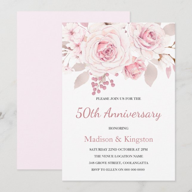 Elegant Rosa Rosen 50. Hochzeitstag Einladung (Vorne/Hinten)