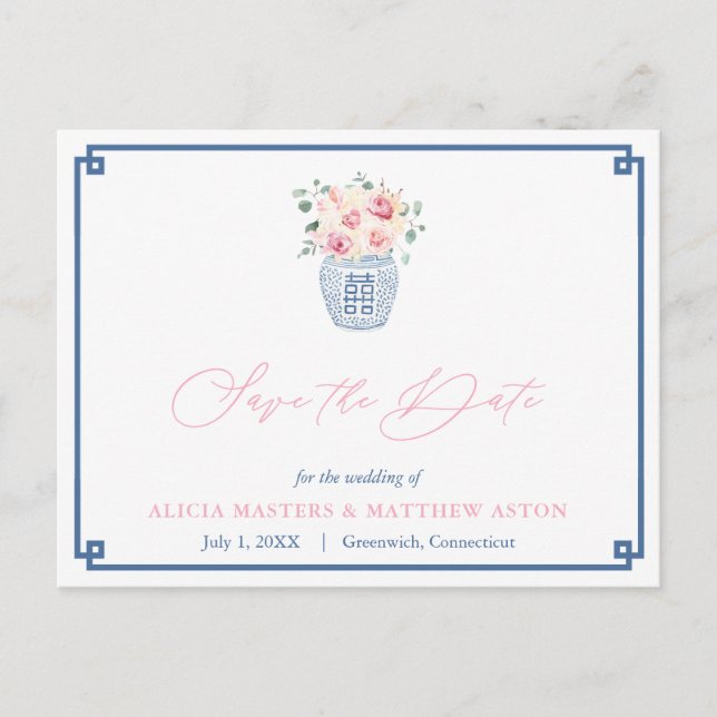 Elegant rosa Rosen Hochzeit der Marine speichern d Postkarte (Vorderseite)