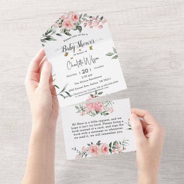 Elegant rosa Rosen mit Schmetterlinge Babydusche All In One Einladung (Abreißtisch)