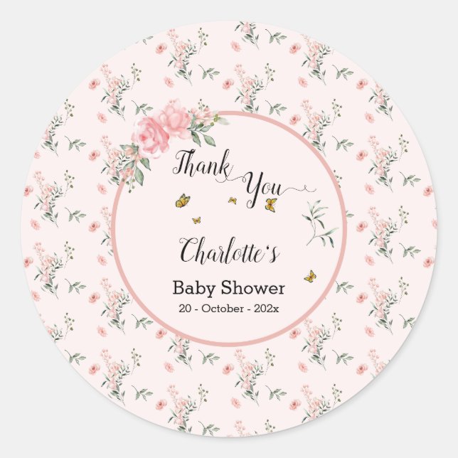 Elegant rosa Rosen mit Schmetterlinge Babydusche Runder Aufkleber (Vorderseite)