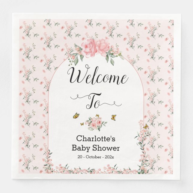 Elegant rosa Rosen mit Schmetterlinge Babydusche Serviette (Vorderseite)
