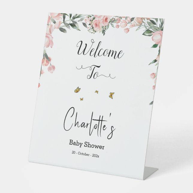Elegant rosa Rosen mit Schmetterlinge Babydusche Sockelschild (Vorderseite)