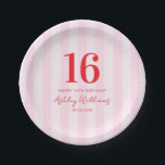 Elegant rosa Rot Moderne 16. Geburtstag Pappteller<br><div class="desc">Erstellen Sie Ihre eigenen personalisierten Teller für die 16. Geburtstagsparty mit moderner Typografie und gestreiftem rosa Muster.</div>