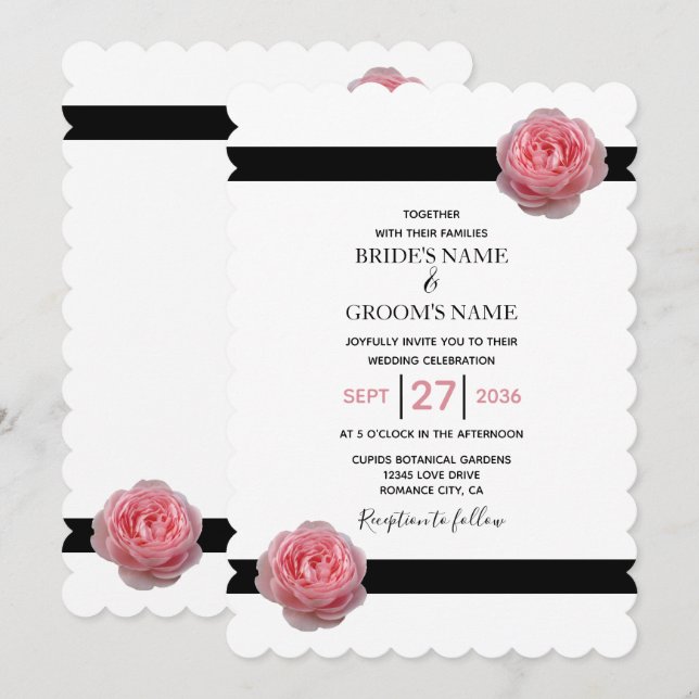 Elegant Rosa Schwarzes Band Einladungen für Hochze (Vorne/Hinten)