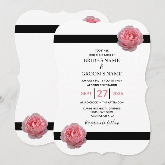 Elegant Rosa Schwarzes Band Einladungen für Hochze (Vorne/Hinten)