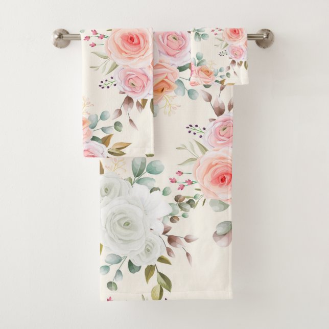 Elegant Rosa, weiße Blumen  Badhandtuch Set (Insitu)