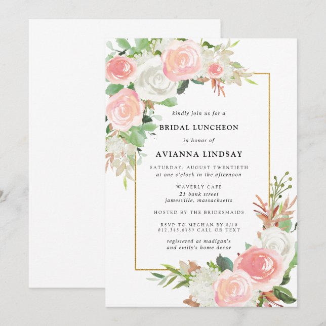 Elegant Rosa Weiße Flora Bridal Luncheon Einladung (Vorne/Hinten)