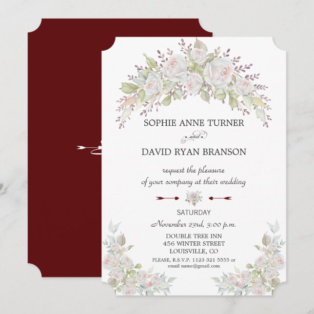 Elegant Rosa White Roses Burgundy Wedding Einladung (Vorne/Hinten)