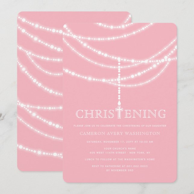 Elegant Rosary Cross Glitzern Christening Einladun Einladung (Vorne/Hinten)