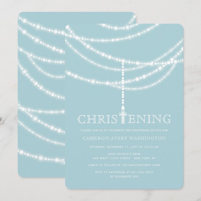 Elegant Rosary Cross Glitzern Christening Einladun Einladung (Vorne/Hinten)