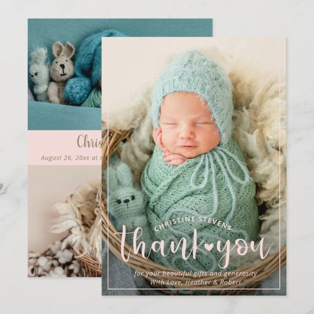 Elegant rose 3 Merci photo Faire-part de naissance (Devant / Derrière)