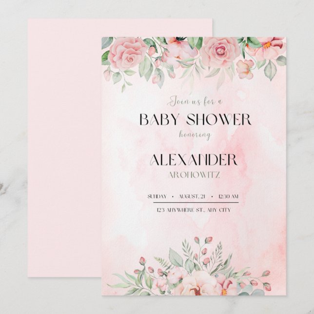 élégant rose bébé fille douche fleurs invitation (Devant / Derrière)