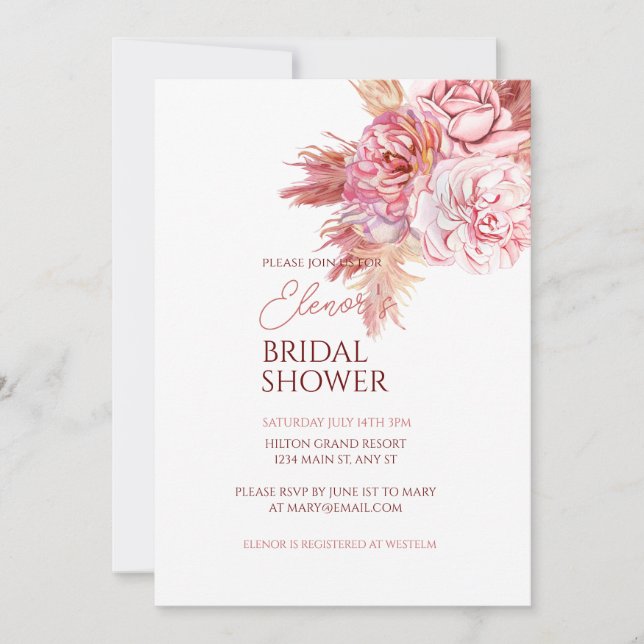 Elégant Rose bohème de douche nuptiale Invitation (Devant)