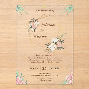 Elégant rose clair Acrylique Mariage Invitations