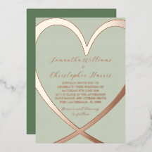 Elégant Rose Coeur Or & Faire-part de mariage Vert