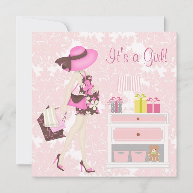 Elégant rose Damask Baby Shower Invitations (Devant)