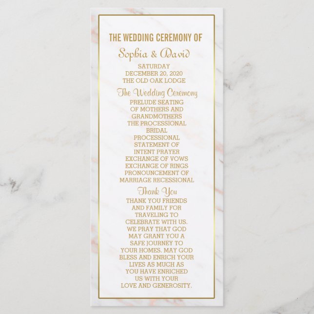 Élégant Rose Diamond Gold Marble Wedding Programme (Devant)
