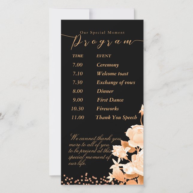 Élégant Rose d'or Black Wedding Programme (Devant)