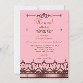 Élégant rose et Brown dentelle douce 16 Invitation