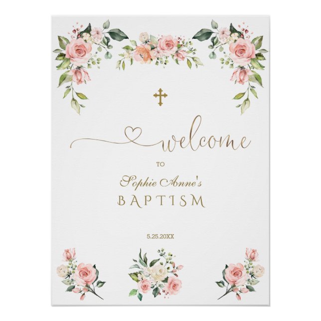 Élégant rose Fleurs de Baptême Affiche de bienvenu (Devant)