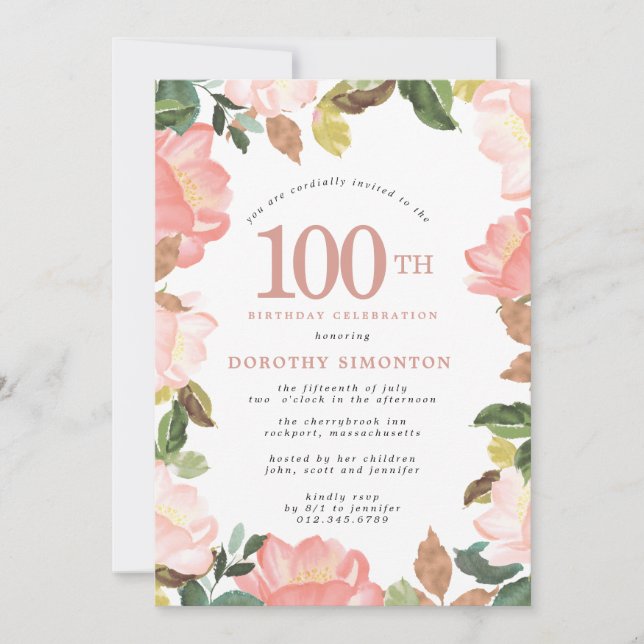 Elégant rose floral 100e anniversaire Invitation (Devant)