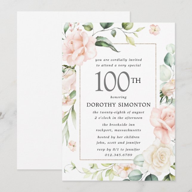 Elégant rose floral 100e invitation de fête d'anni (Devant / Derrière)