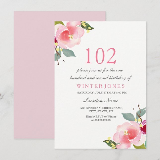 Élégant rose floral 102e Invitation de fête d'anni (Devant / Derrière)