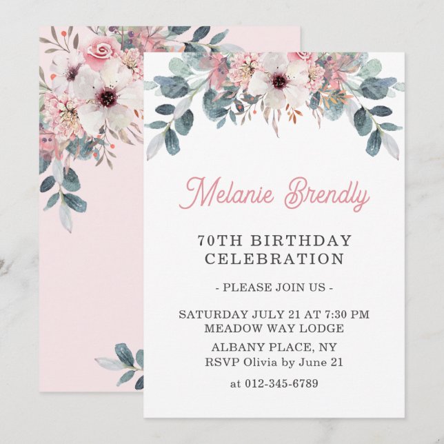 Élégant rose floral 70e anniversaire Invitation de (Devant / Derrière)