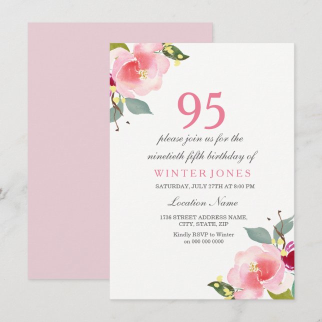 Elégant rose floral 95e anniversaire Invitation de (Devant / Derrière)