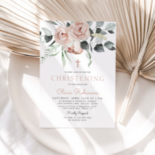 Élégant rose floral Christening Baptême Invitation