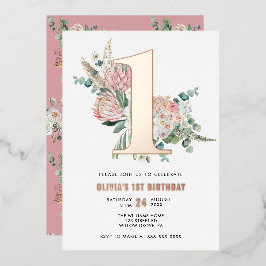 Elégant rose florale 1er anniversaire Invitation