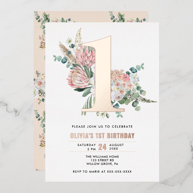 Élégant rose florale 1er anniversaire Invitation P (Recto/Verso)