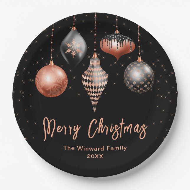 Elegant Rose Gold and Black Ornament Christmas Pappteller (Vorderseite)
