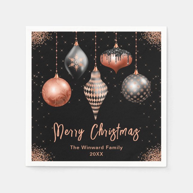 Elegant Rose Gold and Black Ornament Christmas Serviette (Vorderseite)