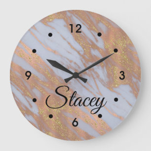 Elegant Rose Gold and White Marble Black Name Große Wanduhr