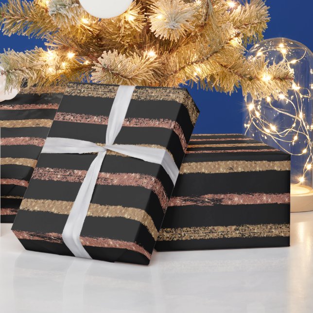 Elegant Rose Gold & Black Striped Geschenkpapier (Feiertage)