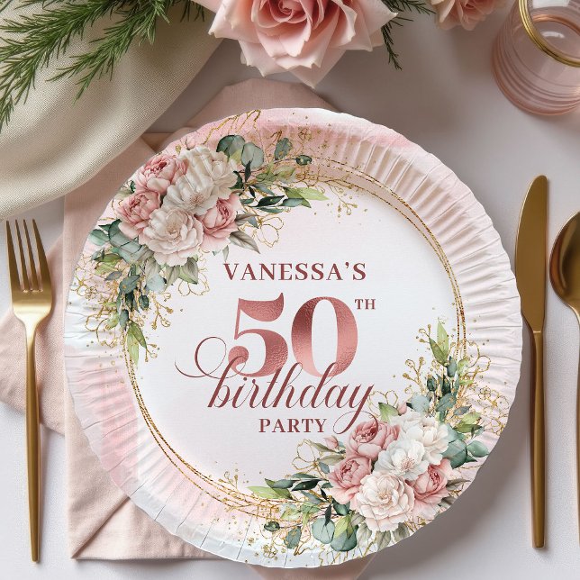 Elegant Rose Gold Blush Floral 50th Birthday Party Pappteller (Elegant Rose Gold Blush Floral 50th Birthday Party Paper Plates

)