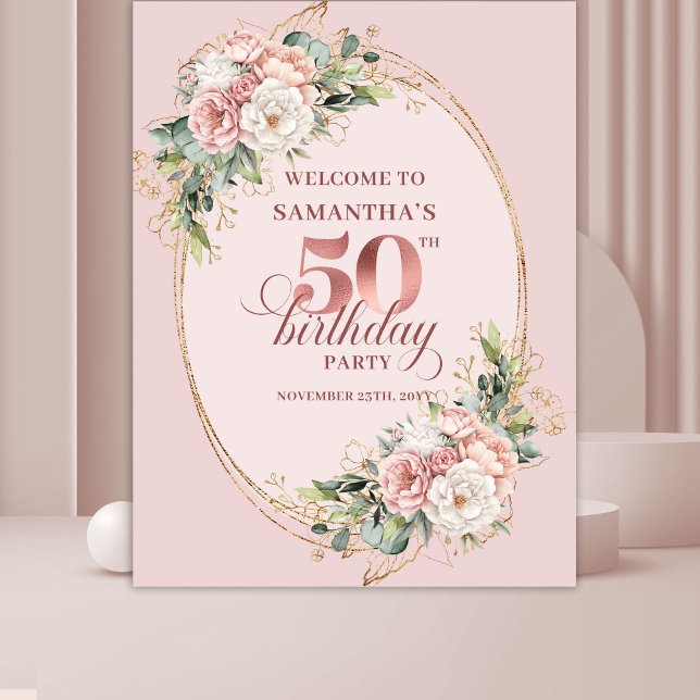Elegant Rose Gold Blush Floral 50th Birthday   Wandteppich (Rose gold floral 50th birthday,
dusty pink blush gold glitter,
opulent Soft pastel   pink flowers, 
)