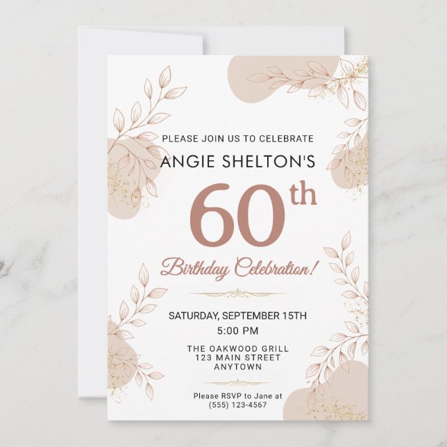 Elegant Rose Gold Botanical 60th Birthday Einladung (Vorderseite)